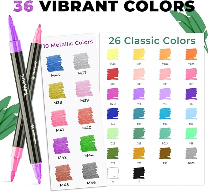 JusArt 36 Colors Acrylic Paint Markers Set With Bag, Dual Tip with Brush Tip and Fine Tip Paint Pens for Rock Painting, Wood, Egg, Canvas, Glass, Stone, Ceramic, DIY Crafts Professional Art Supplies-DeskLoop Office