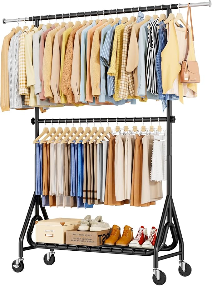 Double Rods Clothing Rack, Heavy Duty Clothes Rack for Hanging Clothes Load 560LBS, Metal Rolling Garment Racks with Wheels, Freestanding Clothes Hanging Racks, Black-DeskLoop Office