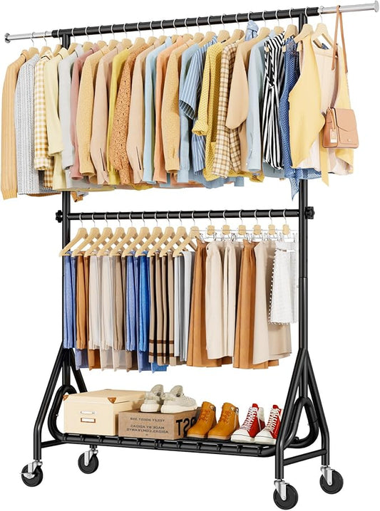Double Rods Clothing Rack, Heavy Duty Clothes Rack for Hanging Clothes Load 560LBS, Metal Rolling Garment Racks with Wheels, Freestanding Clothes Hanging Racks, Black-DeskLoop Office