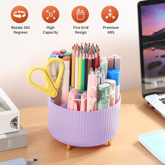 Desk Pencil Pen Holder, 5 Slots 360°Degree Rotating Pen Organizers - Image 2