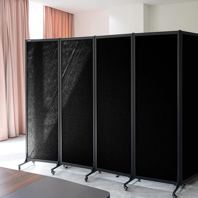 Upgrade Version Room Partition and Divider, Freestanding Rolling Dividers with Wheels,Office Privacy Screen Divider Wall,Classroom Felt Dividers,8'2"L* 6'7"H,4 Panel，Black-DeskLoop Office