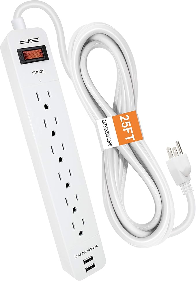 Digital Energy 6-Outlet + 2 USB 1050 Joule Surge Protector Power Strip with 25-Ft Long Extension Cord, White, UL Listed-DeskLoop Office