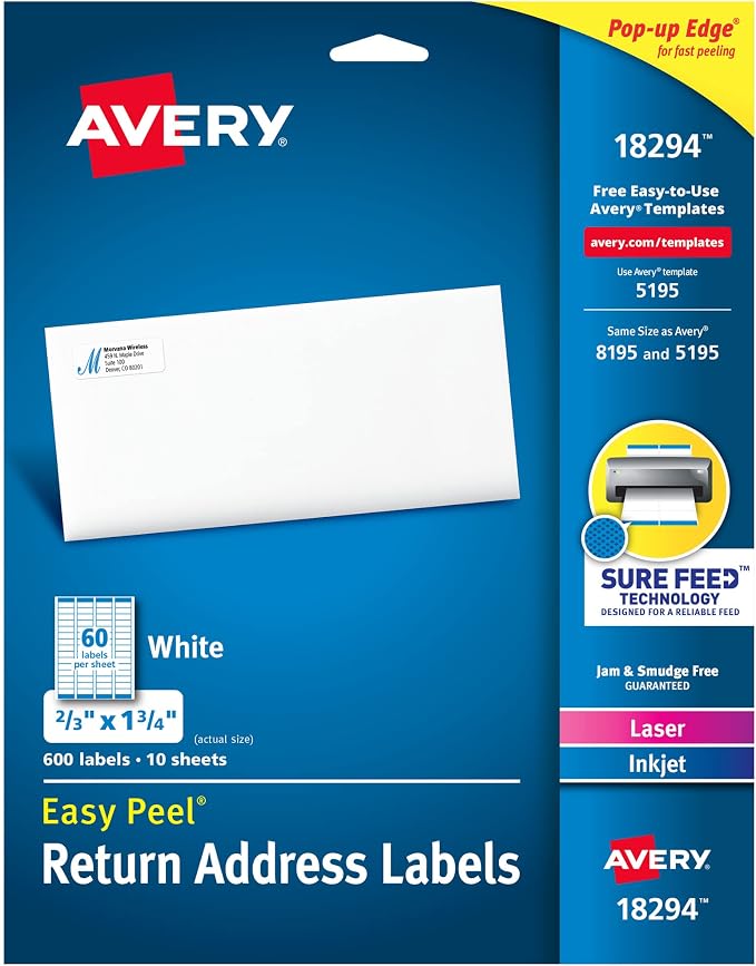 Avery Printable Return Address Labels, Sure Feed Technology, 2/3" x 1-3/4" by Avery