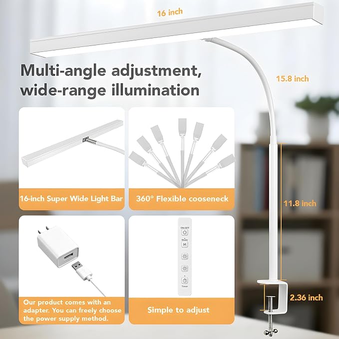 LED Desk Lamp with clamp, Remote Control Desk Lamp, 5 Color Modes & 10 - Image 3