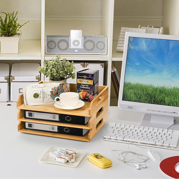 Okllen 3 Pack Stackable Paper Trays, Bamboo Desk Letter Tray Set, 3 Tier File - Image 7