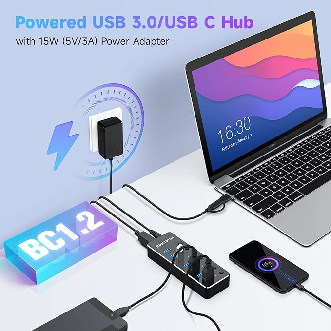 Powered UBS Hub, RSHTECH 7 Port USB 3.0/USB C Hub Upgraded Version Aluminum USB Splitter with 2-in-1 USB Cable,5V 3A Power Adapter and Individual Switches, USB Port Expander for Laptop/PC, RSH-ST07-DeskLoop Office