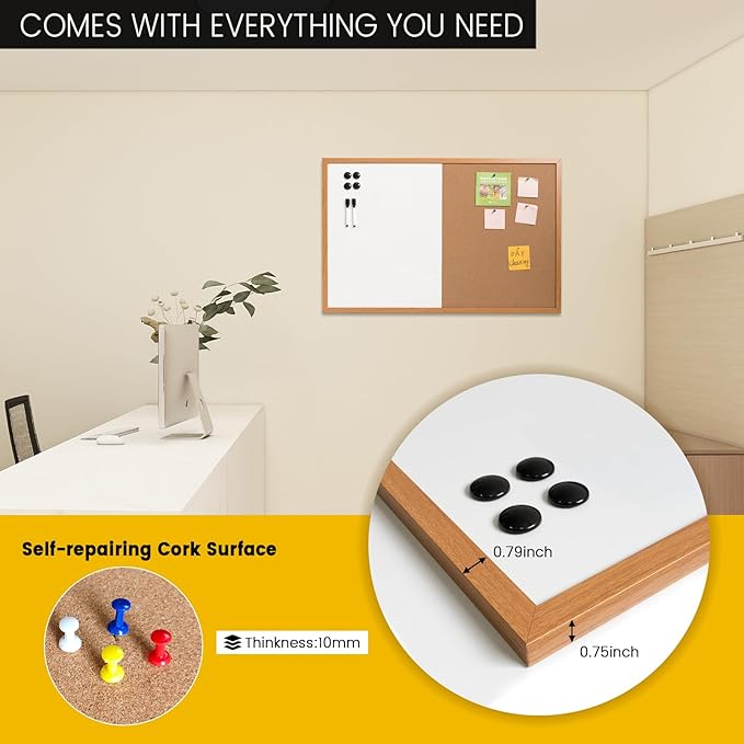 Combination Writeboard 24"x 18" Magnetic Whiteboard & Cork Board Dry Erase Board Bulletin Board Wall Mounted Wood Frame-DeskLoop Office