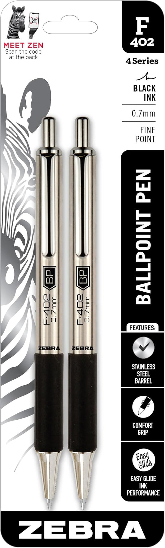 Zebra Pen, STEEL F-402 Retractable Ballpoint Pens, 0.7mm Fine Point, Stainless by ZebraPen