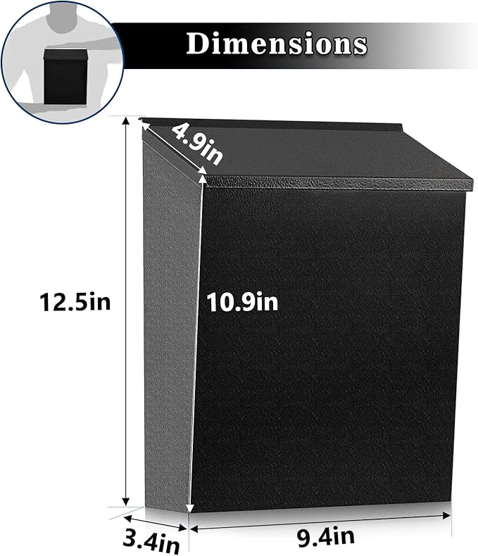 KYODOLED Convenient and Durable Wall Mount Mailbox for Outside, Easy Installation, Ample Storage Space to Accommodate Standard-Sized Letter, Magazine, Check, Black, Drop Box for Home or Apartment-DeskLoop Office