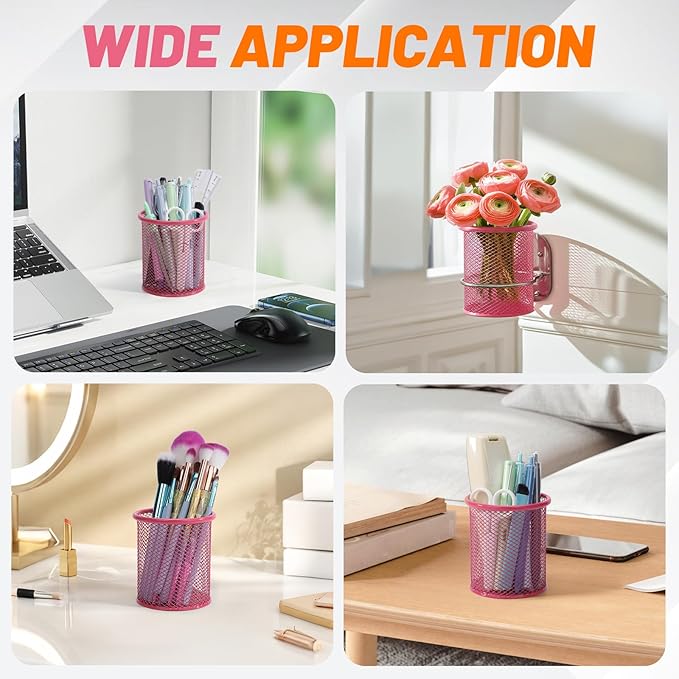 Segarty Pen Cup, 6 Pack Cute Dark Pink Pen Holder, Round Mesh Pencil Holder for Desk, Desktop Accessories Organizer for Office Supply, School, Home Storage, Makeup Brush Organization-DeskLoop Office