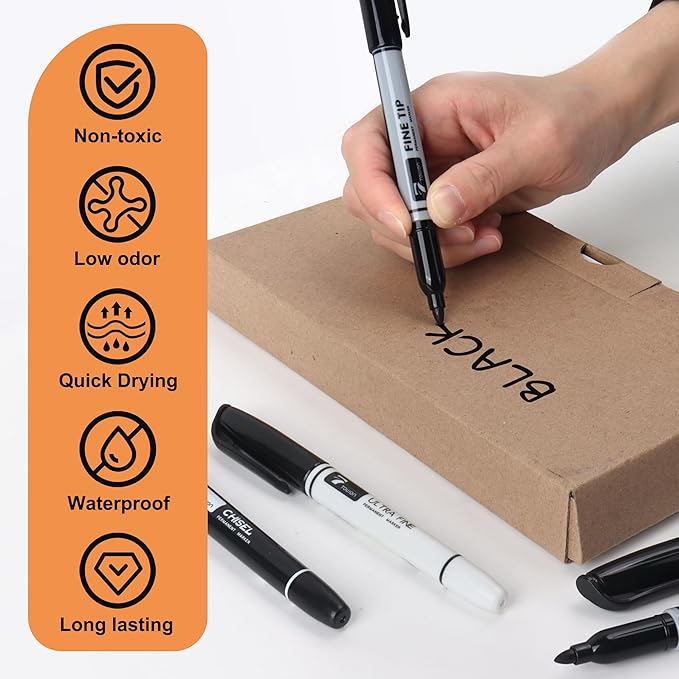 12 Black Permanent Markers with Bag - Waterproof Quick Drying Pens Set 8 Fine Tip, 2 Ultra Fine, 2 Chisel Tip Office Home School Supplies for Adults Writing Doodling Marking-DeskLoop Office