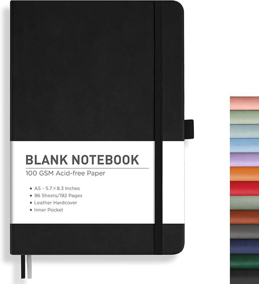 RETTACY Blank Journal Notebook, 192 Pages, A5 Medium Size (5.7'' x 8.3''), Leather Hardcover, 100 GSM Thick Paper, for Sketching, Drawing, Painting (Black)-DeskLoop Office