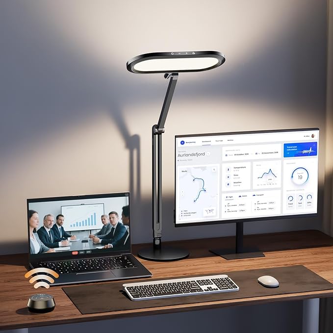Eye-Caring Desk Lamp for Home Office – LED Soft Light with Knob Remote, Stepless Dimming & Color, Memory, Metal Table Lamp for Zoom, Studying, Video Conference, Flicker-Free, Glare-Free-DeskLoop Office