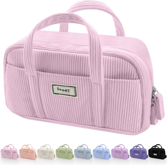Sooez Large Pencil Case Pouch, Extra Big Pencil Bag with 5 Compartments, Pen Bag Wide Opening, Soft Corduroy Pencil Organizer with Zipper, Cute Aesthetic School Supplies for Teen Girls Light Pink-DeskLoop Office