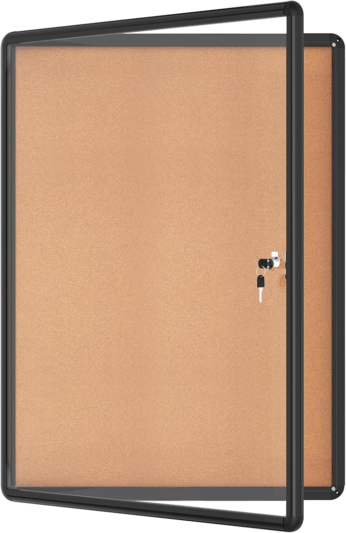 38"x28" Enclosed Bulletin Board, Lockable Weather-Resistant Aluminum Cork Noticeboard for School & Office, Black Frame w/Cork-DeskLoop Office