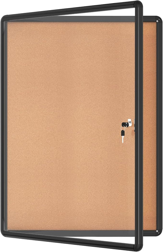 38"x28" Enclosed Bulletin Board, Lockable Weather-Resistant Aluminum Cork Noticeboard for School & Office, Black Frame w/Cork-DeskLoop Office