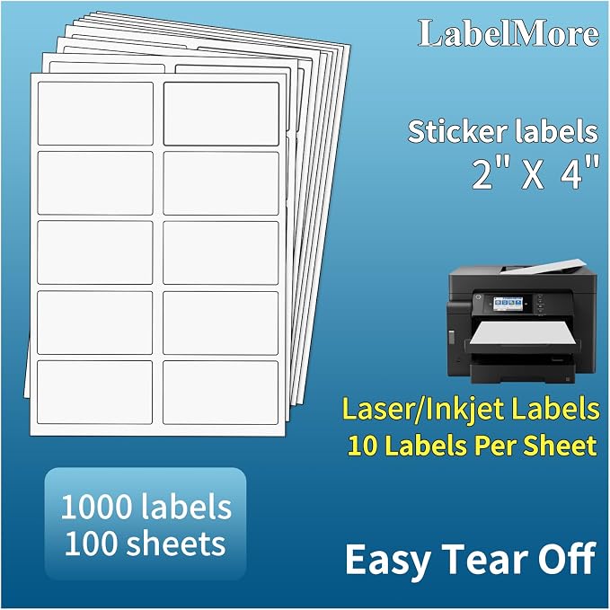 LabelMore 1000 2" x 4" Shipping Address Labels, Inkjet & Laser Compatible by LabelMore