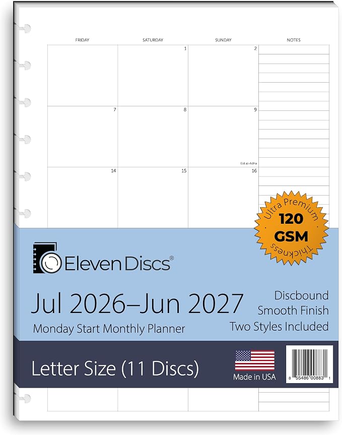Eleven Discs Academic Year Monthly Calendar Refill July 2026-June 2027 by ElevenDiscs