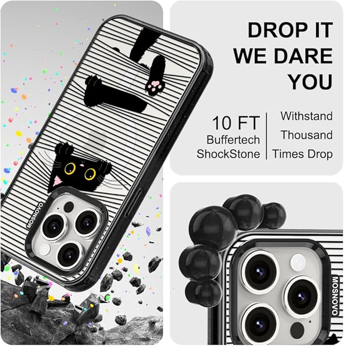 MOSNOVO Magnetic Case for iPhone 15 Pro, 10ft Military-Grade Protection, Compatible with Magsafe, Shockproof Phone Case for iPhone 15 Pro - Hidden Black Cat - Clear Black-DeskLoop Office