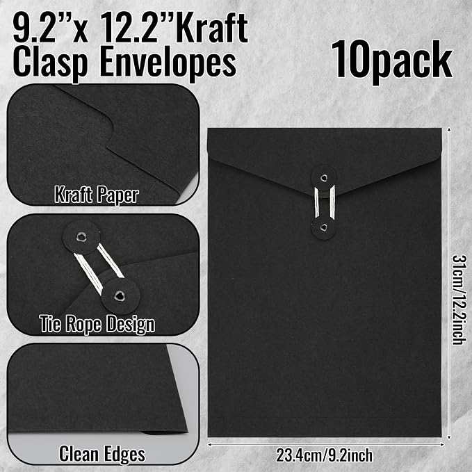 Feifeiya 10 Pack Kraft String Envelope File Folder Brown A4 Letter Size Black - Image 2