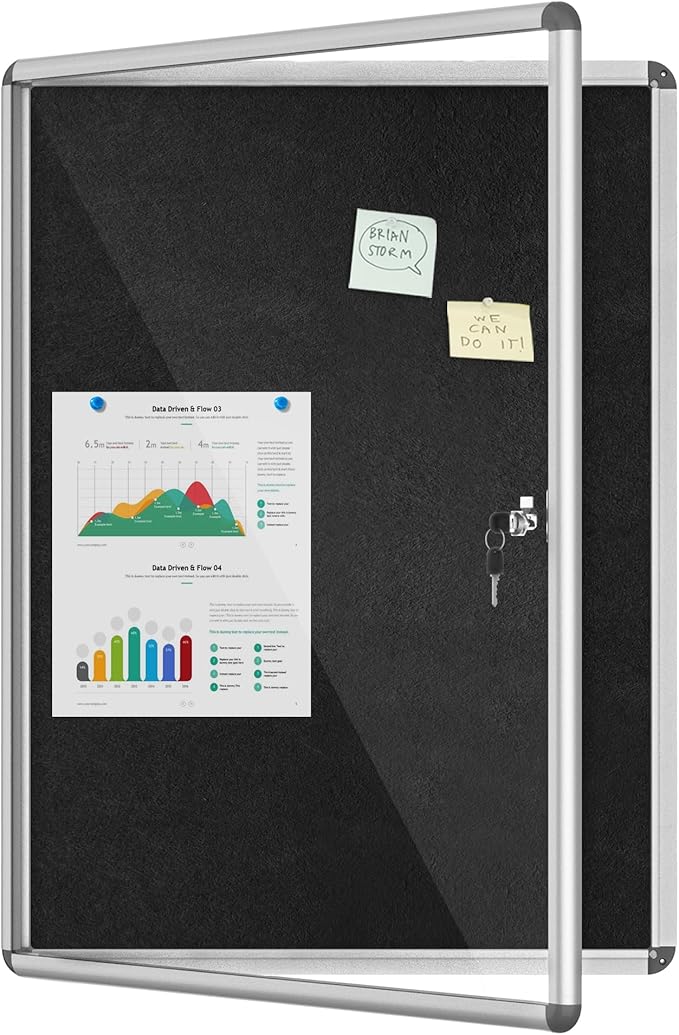 38"x28" Enclosed Bulletin Board, Lockable Weather-Resistant Aluminum Cork Noticeboard for School & Office, Silver Frame w/Black Flet-DeskLoop Office