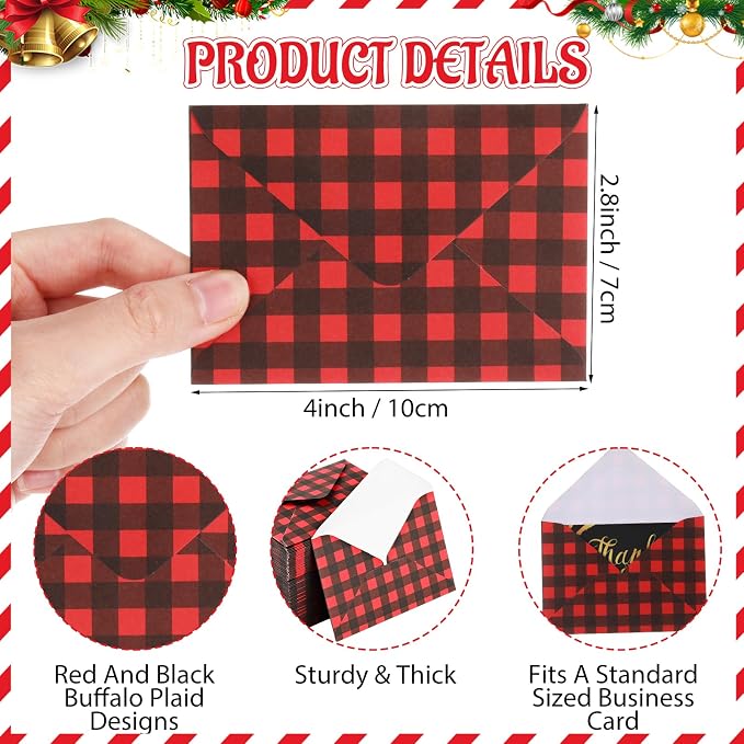 Colarr 100 Pcs Christmas Mini Gift Card Envelopes Bulk 4 x 2.8 Inch Red Black - Image 2
