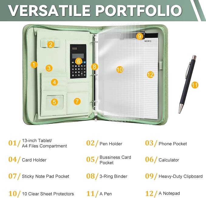 Leathario Portfolio Binder, Includes 5 Sheet Protectors and a Pen, 13 Inch - Image 4