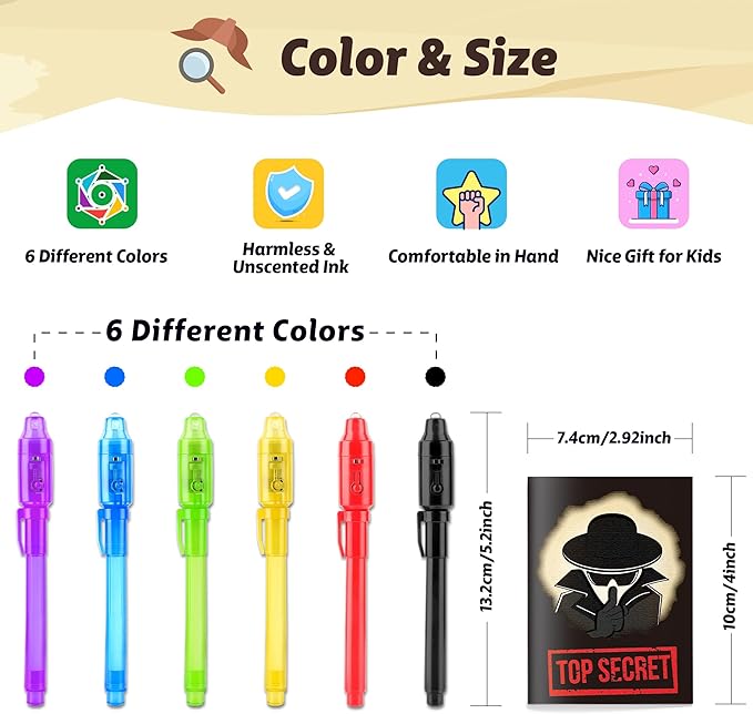 GIFTINBOX Invisible Ink Pens with UV light for Kids, Spy Pen Party Favors for Kids 8-12, 12 Pack Invisible Ink Pen and Notebook, Magic Marker for Secret Message Birthday Party Favors for Kid 4-8-DeskLoop Office