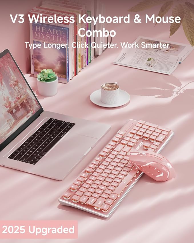 V3 Wireless Keyboard and Mouse with Single Backlit, Metal Panel, Bluetooth/2.4G Rechargeable Computer Keyboard and Mouse Combo Silent Lighted Full Size Cute Keyboards-Pink-DeskLoop Office