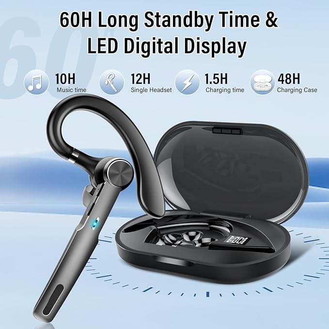 Bluetooth Headset, Wireless Headset with ENC Mic, 60H Talking Time Single-Ear Bluetooth Earpiece V5.3 with Large Charging Case, IP7 Waterproof Hand-Free Headphones for IOS Android Cellphones Black