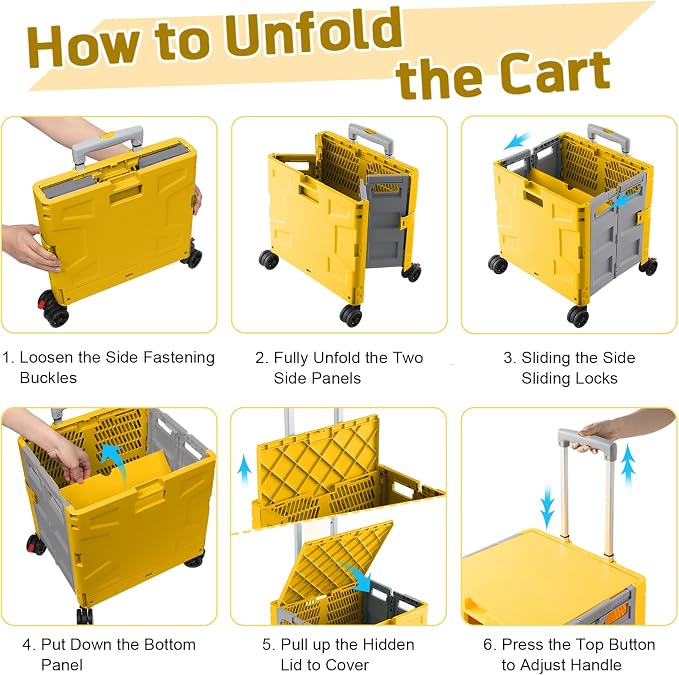 FELICON Folding Utility Cart Rolling Crate Handcart Basket Tote-Yellow+Gray | - Image 4