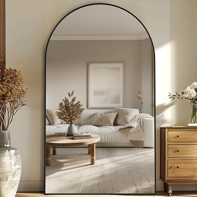 Full Length Mirror, 91"x46" Oversized Floor Mirror Freestanding, Full Body Mirror Floor Standing Mirrors with Stand, Hanging Mounted Mirrors for Bedroom Living Room, Black, Arched Style-DeskLoop Office
