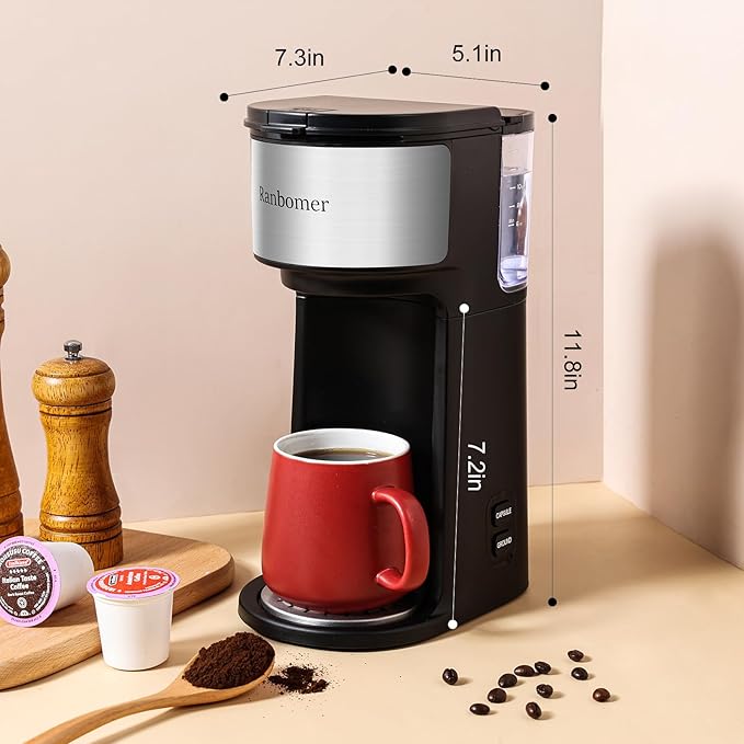 K Cup Coffee Maker, Single Serve coffee machine or Ground Coffee Machine 2 in 1, 6 to 14 Oz Brew Sizes, Mini One Cup Coffee Maker with Self cleaning Function, Fits Travel Mug, Black-DeskLoop Office
