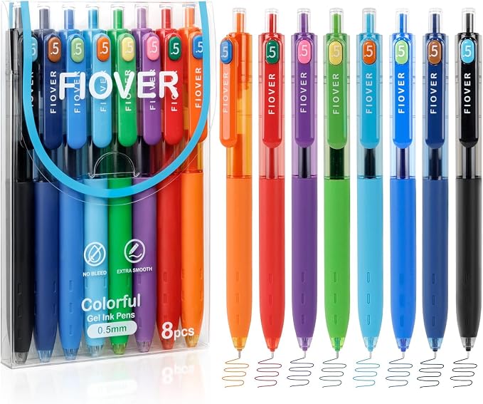 FIOVER Colored Gel Pens, 8 Pack, 0.5mm Fine Point | Quick Dry, Smooth Writing by FIOVER