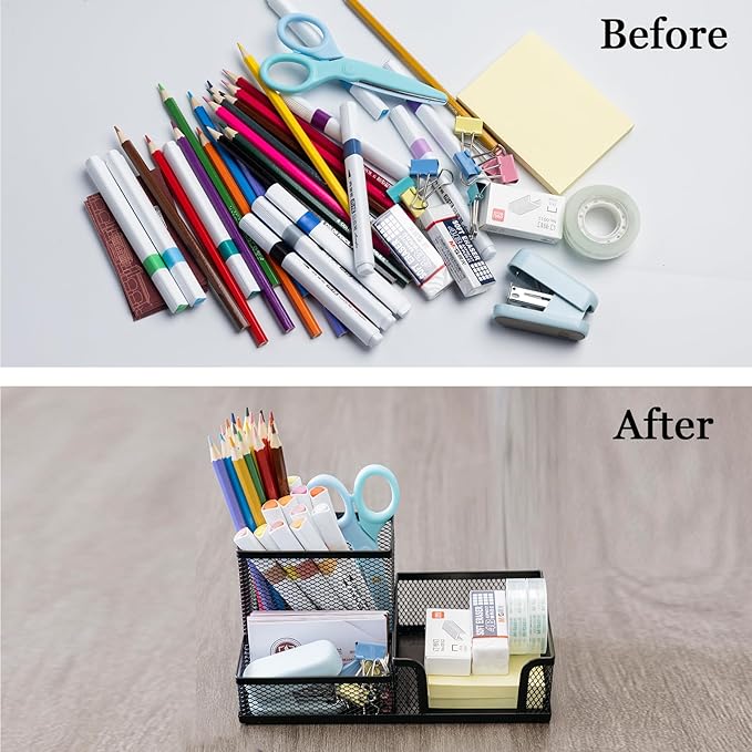 2 Pieces Pen Holder Mesh Metal Pencil Holder Desk Organizers Black for Desk Office with 3 Compartments Pencil Holders,Desktop Storage Caddy Organization,Suitable for School, Home,Black-DeskLoop Office