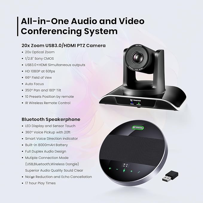 20x Zoom Conference Room Camera System TONGVEO All-in-1 Video and Audio Conferencing System 20X Optical Zoom USB3.0 HDMI PTZ Camera and Conference speaker with microphone Bundle for large Meeting Room-DeskLoop Office