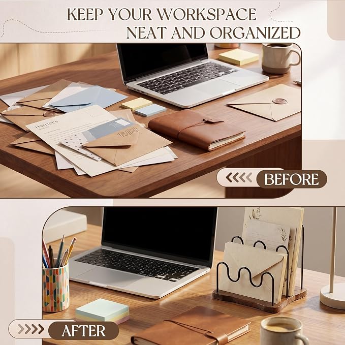 SiliFine Desktop Metal Mail Organizer, Wood Base Desktop 3-slot Letter Holder - Image 4