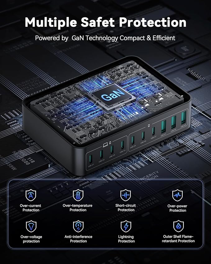 480W USB C Charger Block, Rocoren 10-Ports USB C Charging Station for Multiple Devices,PD 100W Type c Gan Fast Charger Station Multi USBC Charging Hub for Laptop MacBook HP iPad iPhone Samsung-DeskLoop Office