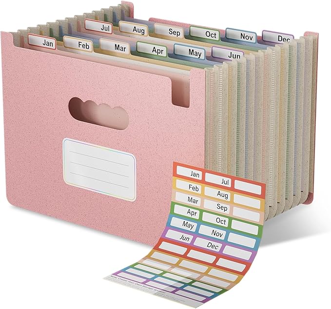 Accordion File Organizer, 12 Pockets Wheat Straw Expanding File Folders, Upright&Open Top, Monthly Bill Receipt Organizer, 100%BPA Free, Return to Nature, Healthy Living,Letter/A4 Size-Strawberry Pink-DeskLoop Office