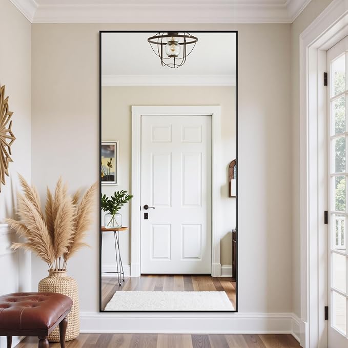 Full Length Mirror, 76"x34" Oversized Floor Mirror Freestanding, Full Body Mirror Floor Standing Mirrors with Stand, Hanging Mounted Mirrors for Bedroom Living Room, Black, Rect Style-DeskLoop Office
