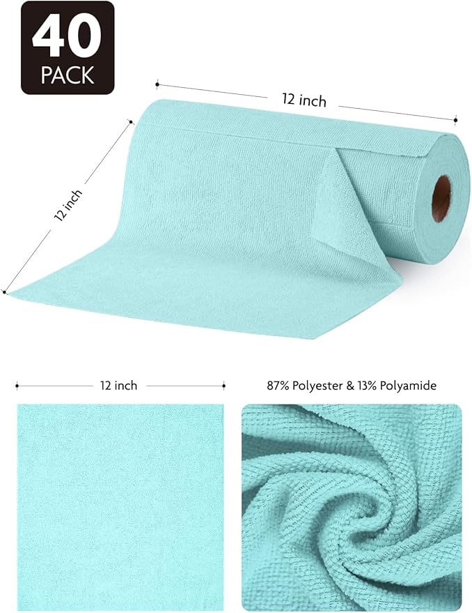 Fantasticlean Microfiber Cleaning Cloth Roll -40 Pack, Tear Away Microfiber Towels, 12" x 12", Reusable, Washable, Scratch Free, Ultra Absorbent Dish Rags for Car, Home, Garage or Shop (Blue)-DeskLoop Office