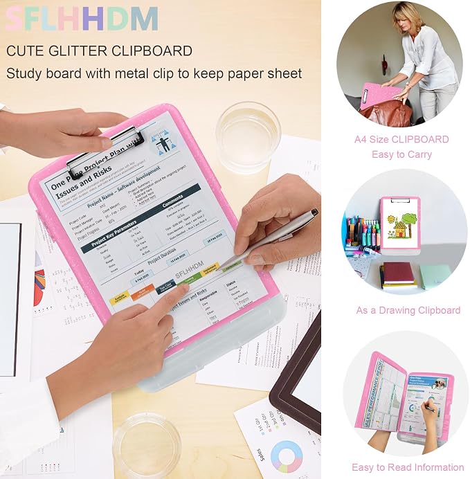 Glitter Clipboard with Storage, Storage Clipboard with Pen Holder, A4 Binder - Image 7