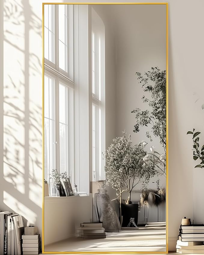 Full-Length Floor Mirror with Stand, 76"x34" Rectangle Style Full Body Standing Mirror for Bedroom, Living Room, Gym, Dorm - Shatter-Resistant & Easy Assembly, Gold-DeskLoop Office