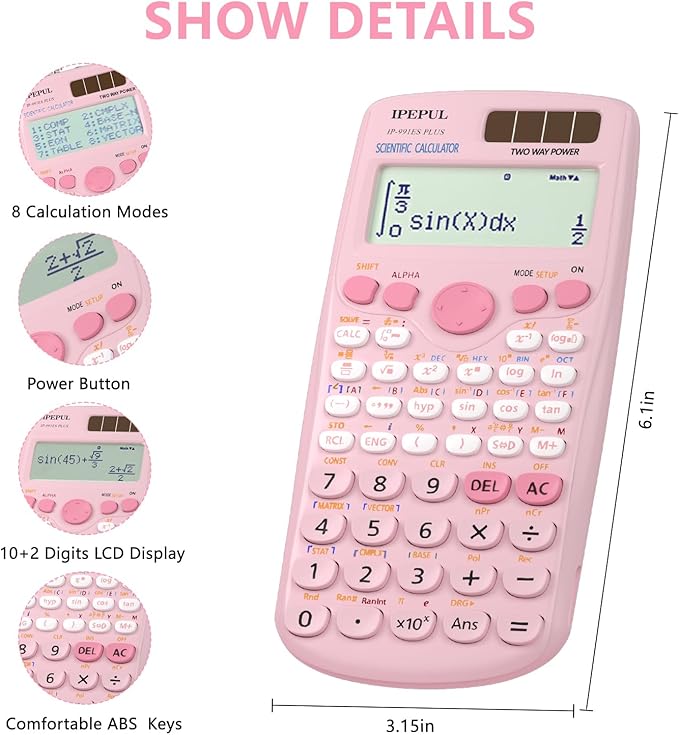 Scientific Calculators, IPepul Pink Math Calculator with 417 Function, Solar Battery Power and 4-Line Display, School Supplies for Middle High College Students Teachers (Pink 991ES Plus)-DeskLoop Office