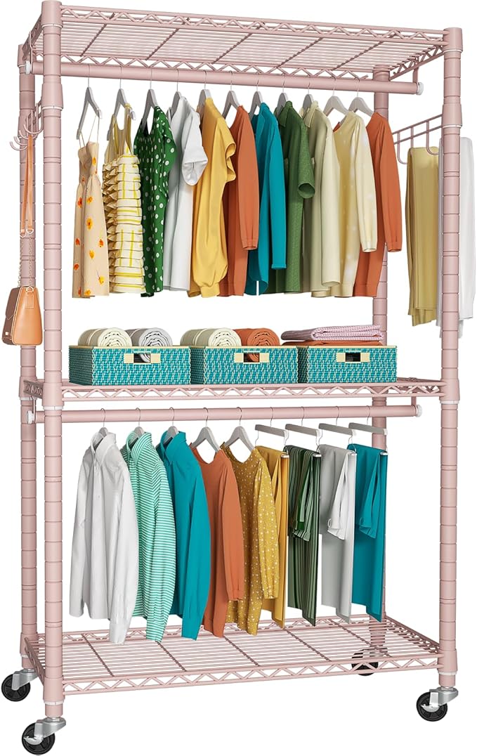 P1 Heavy Duty Garment Rack, 3 Tiers Adjustable Rolling Metal Closet Organizer with Lockable Wheels, FreeStanding Wardrobe with Double Hanger Rods & 1 Pair Hooks, Max Load 450 LBS, Pink-DeskLoop Office