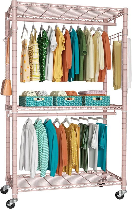 P1 Heavy Duty Garment Rack, 3 Tiers Adjustable Rolling Metal Closet Organizer with Lockable Wheels, FreeStanding Wardrobe with Double Hanger Rods & 1 Pair Hooks, Max Load 450 LBS, Pink-DeskLoop Office
