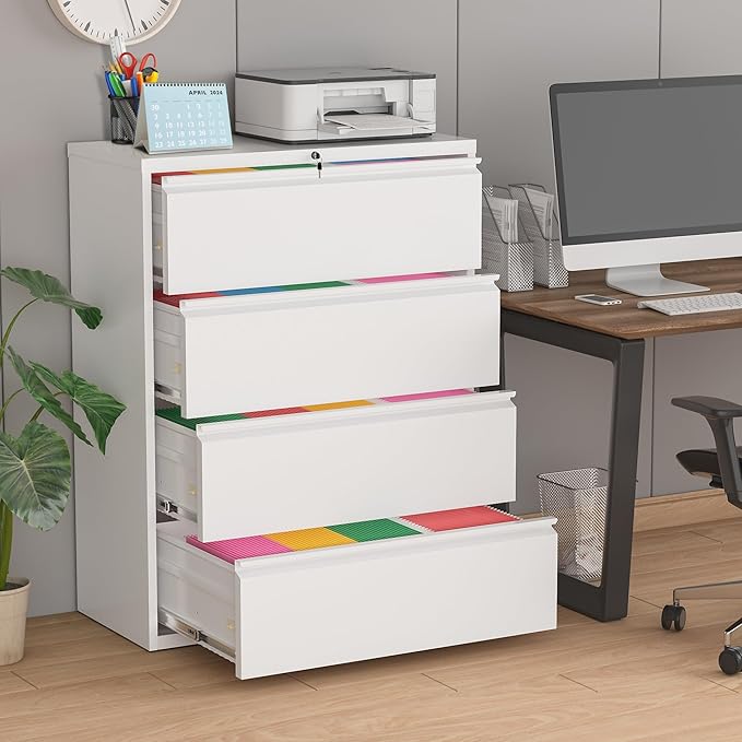 Superday Lateral File Cabinet 4 Drawer Metal File Cabinet with Lock, White Filing Cabinets for Home Office, Locking Filing Cabinets Hanging Files Letter/Legal/F4/A4-DeskLoop Office