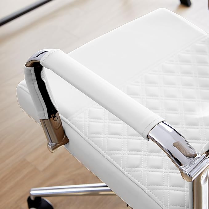 Livinia Modern Executive Office Chair with Patterned Back Design, Chrome & Leather Swivel Chair with High Back, Adjustable Height, Removable Armrests, and Wheels for Home Office (White(Chrome))-DeskLoop Office