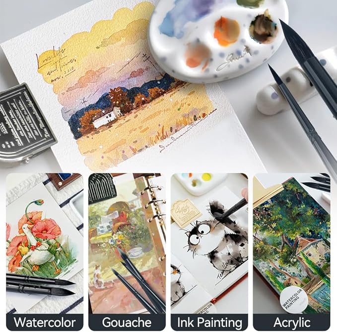 Transon 8pcs Round Watercolor Paint Brush Set Goat Hair for Watercolors,Acrylics,Inks,Gouache,Oil and Tempera Black Color-DeskLoop Office