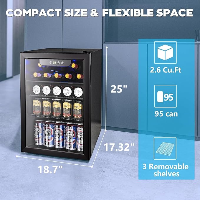 26 Bottle Wine Cooler, 95 Cans Beverage Refrigerator, 2.6 cu.ft Drink Fridge Digital Temperature Control for Beer, Soda,Water, Drink Cooler for Home Office Bar-DeskLoop Office